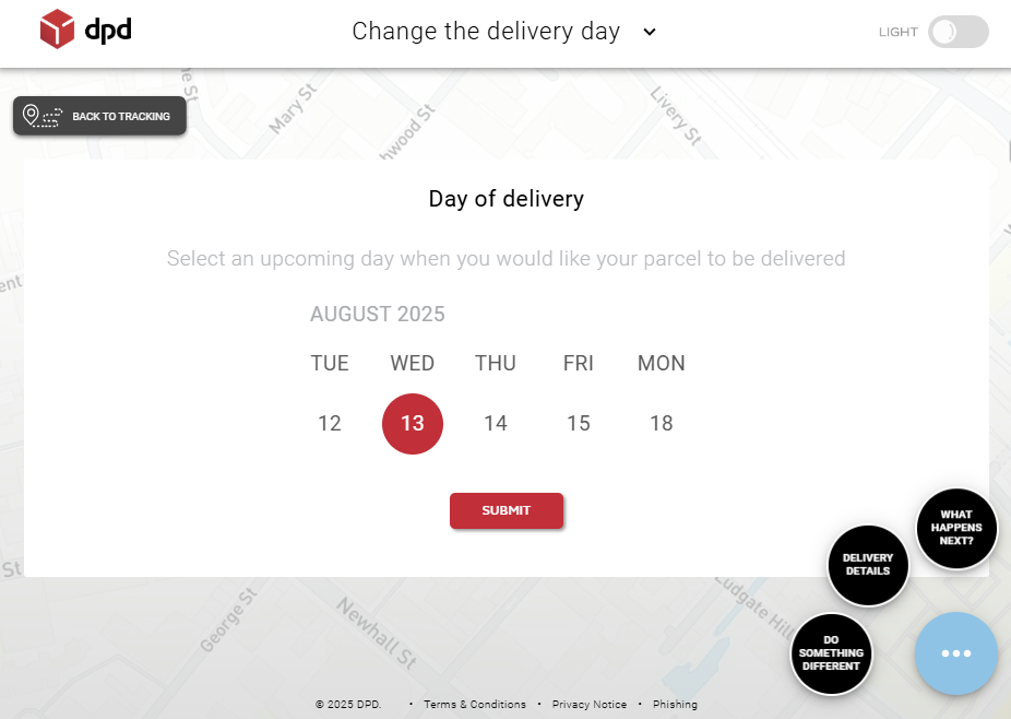 DPD calendar showing available dates with August 13th selected