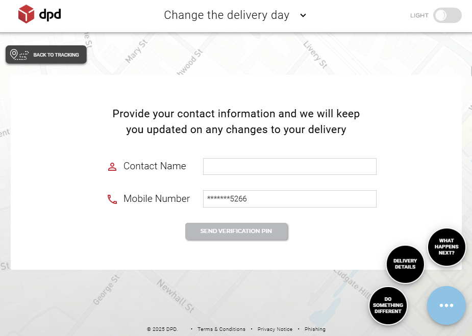 DPD contact form with name and mobile number fields