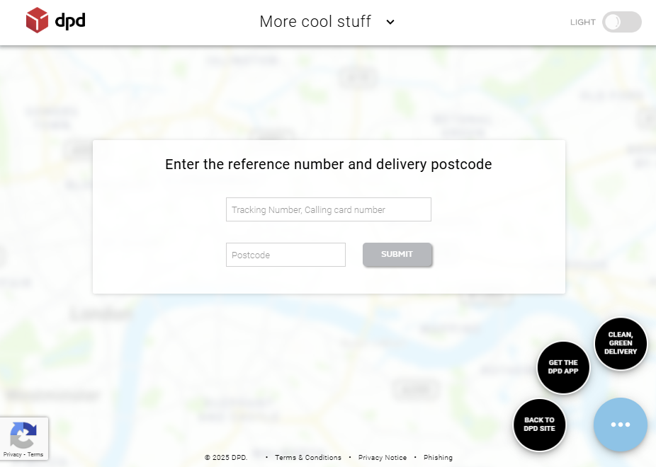 DPD website tracking form with tracking number and postcode fields