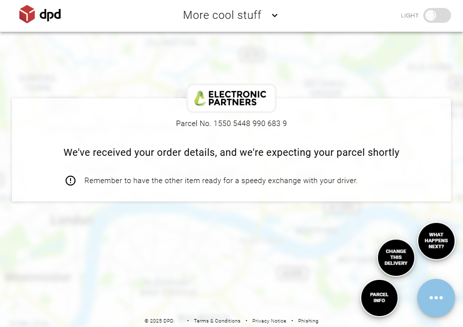 DPD status page showing parcel details and expecting message