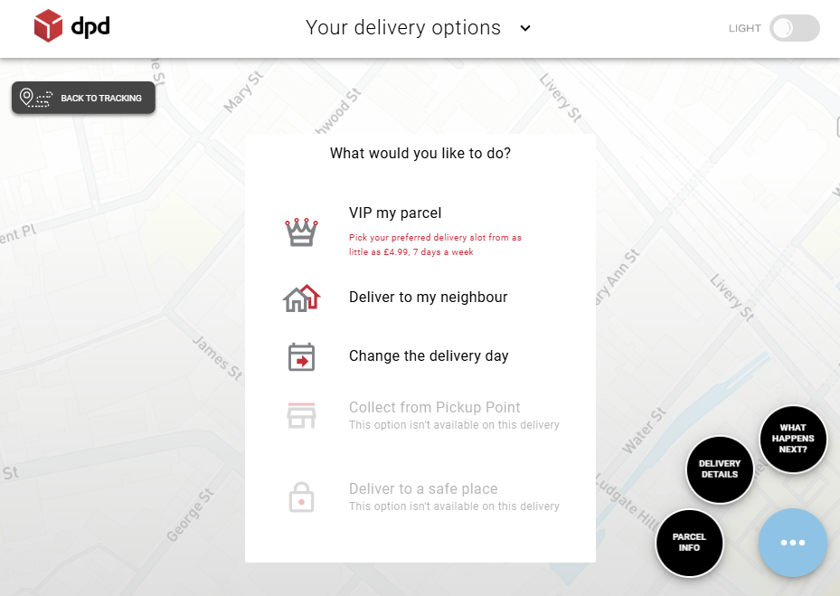 DPD delivery options menu showing VIP, neighbour, and change day options